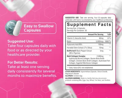 Secondary Images for Amazon.com: Multi Collagen Pills with Hyaluronic Acid and Vitamin C