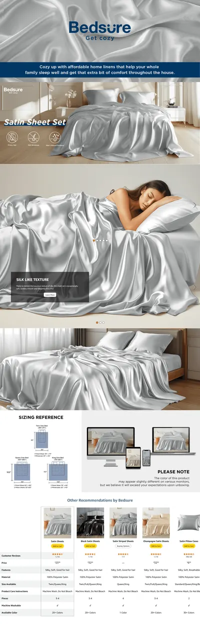 Premium A+ Content for Amazon.com: Bedsure Satin Sheets