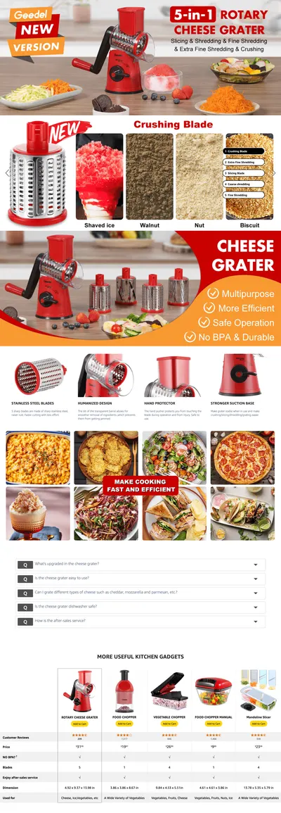 Premium A+ Content for Amazon.com: Geedel Rotary Cheese Grater Cheese Shredder