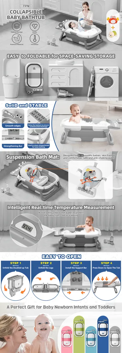 Premium A+ Content for Amazon.com: TPN Collapsible Baby Bathtub for Infants to Toddler with Real-time Temp…