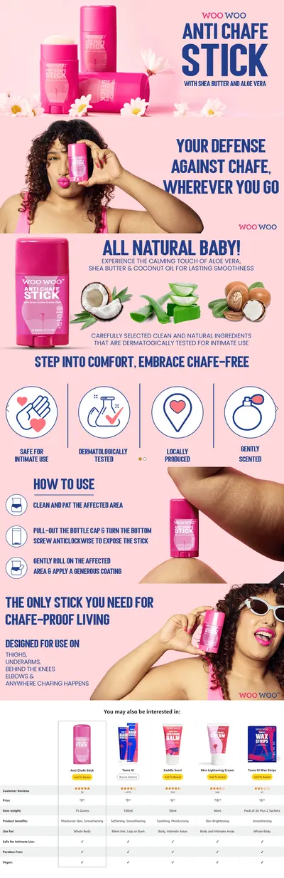 Premium A+ Content for WooWoo Anti Chafe Stick with Aloe Vera and Shea Butter 50ml