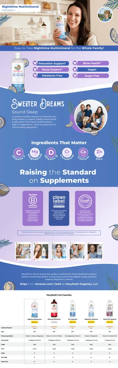 Premium A+ Content for Amazon.com: MaryRuth Organics Nighttime Liquid Multimineral Sleep Supplement