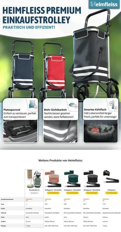 Premium A+ Content for Heimfleiss® Einkaufstrolley klappbar mit 56L Volumen [+ Ersatzräder]