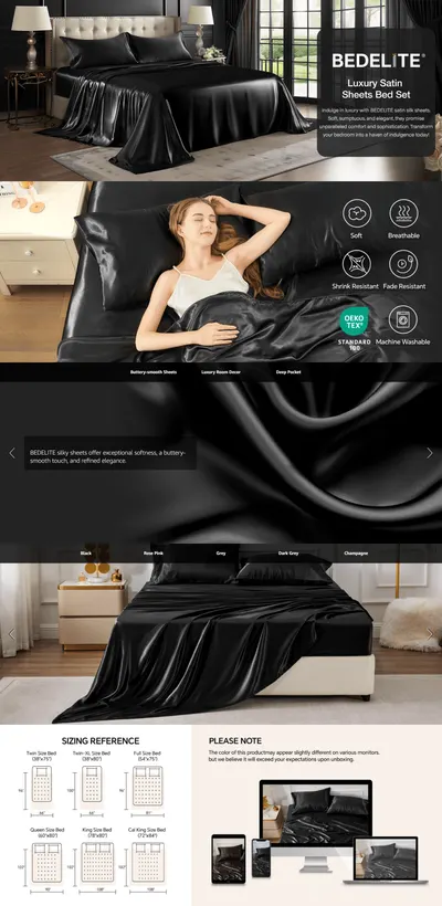 Premium A+ Content for Amazon.com: BEDELITE Satin Sheets Queen Size Bed Set