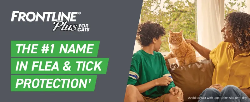 Positions Frontline Plus as the #1 trusted name in flea and tick protection using a warm family lifestyle scene to build brand trust.