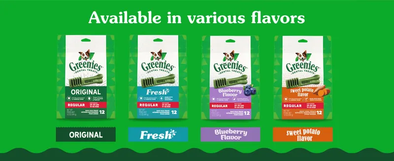 Shows the range of flavor options available within the Greenies dental treats line to help shoppers pick their favorite.