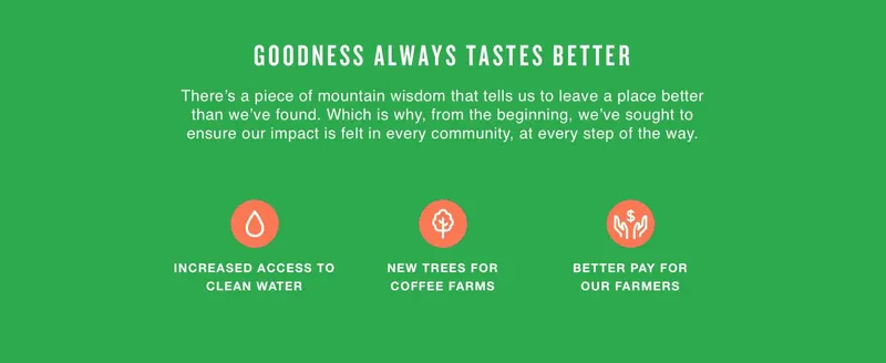Builds trust by showing the brand's environmental and social impact, from clean water access to fair farmer pay. Builds trust by showing the brand's…