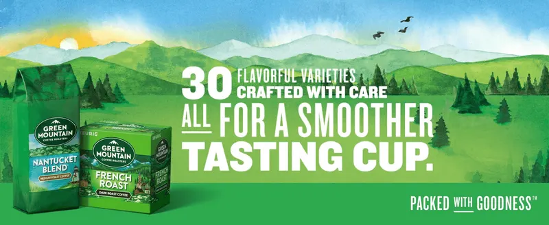 Presents the 30-variety range and the brand tagline to reassure shoppers about choice and quality. Communicates one main claim, a smoother tasting cup, over a…