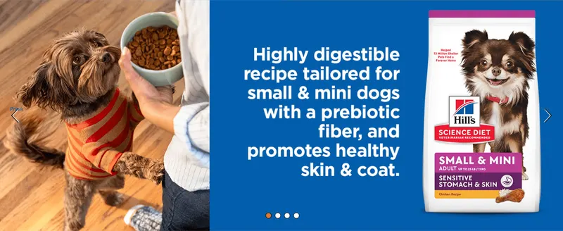 Shows a small dog happily eating to reassure shoppers the recipe is gentle on digestion while supporting healthy skin and coat.