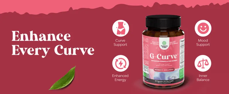 Uses a headline and four icon callouts to summarize the supplement's curve, energy, mood and balance benefits at a glance.