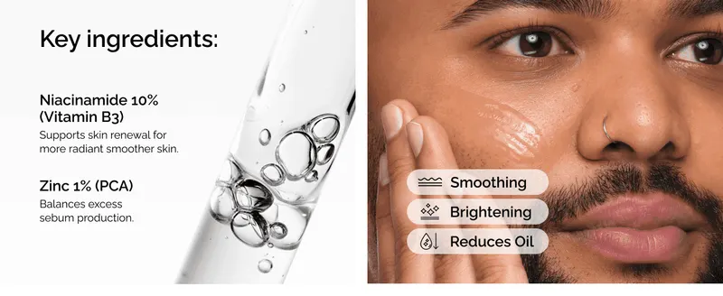 Explains what the two key ingredients do and lists the resulting skin benefits to justify the formula's effectiveness.