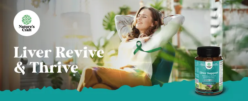 Introduces the Nature's Craft brand alongside the product to build shopper trust and recognition. Positions the supplement as supporting liver wellness…