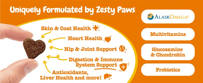 Shows the multiple health benefits the treats support, from skin and coat to digestion and liver health. Uses arrows from the product to point out the range…