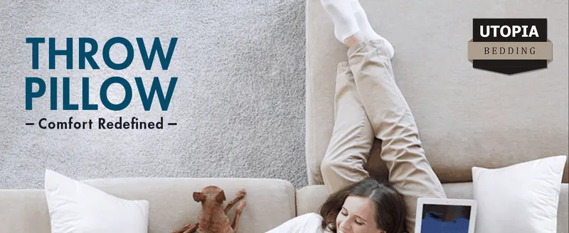 Introduces the throw pillow with a comfort-focused headline over a cozy lifestyle scene to set an emotional, brand-led tone.