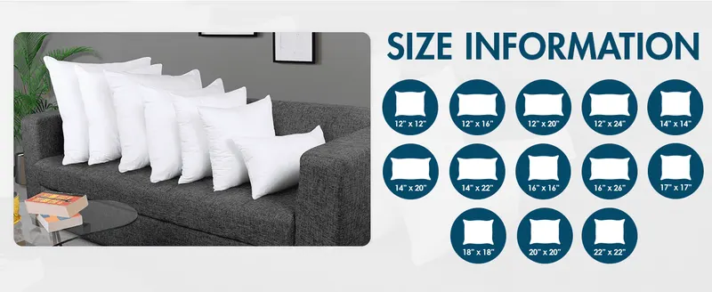 Lays out every available pillow insert size so shoppers can quickly find and choose the correct dimensions for their needs.