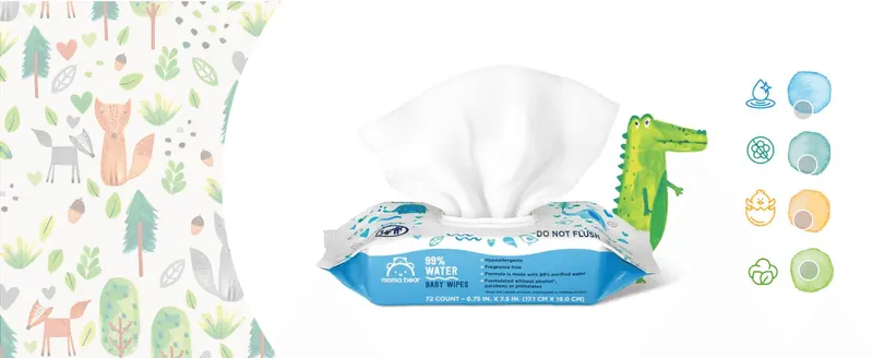 Highlights multiple product attributes (water content, gentleness, hypoallergenic formula) via an icon grid to reassure parents of quality. Reassures shoppers…