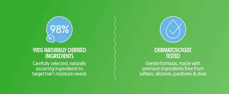 Highlights two key product claims side by side to reassure shoppers of gentle, naturally derived formulation.