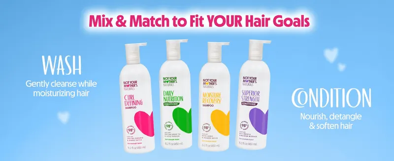 Shows the brand's Wash and Condition product range so shoppers can mix and match products to their hair goals. Explains the distinct benefit of washing versus…