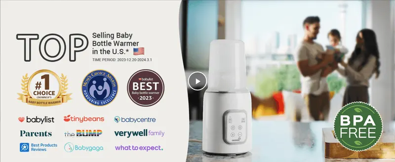 Builds trust by showcasing top-selling status, industry awards, and recognition from multiple parenting publications and review sites.