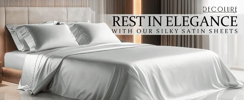 Opens the A+ story with a bed lifestyle scene and tagline positioning the sheets as an elegant, silky upgrade.