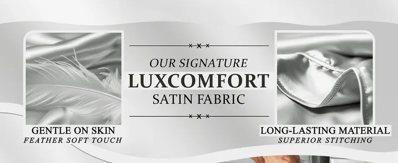 Highlights two material qualities of the satin fabric, softness and durability, in a segmented zoom layout.