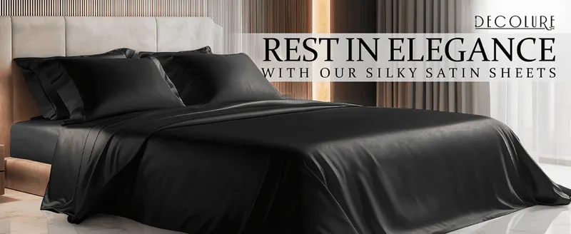 Introduces the DECOLURE brand and positions the satin sheets as an elegant, premium bedding choice. Uses a rich lifestyle bed scene with a headline to sell…