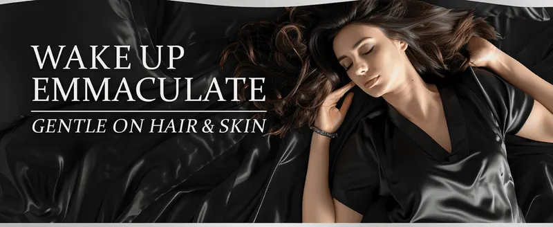 Uses an evocative lifestyle photo and headline to convey that the satin sheets are gentle on hair and skin.