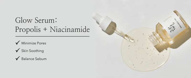 Highlights three distinct skincare benefits of the propolis and niacinamide serum to show its multi-purpose value.