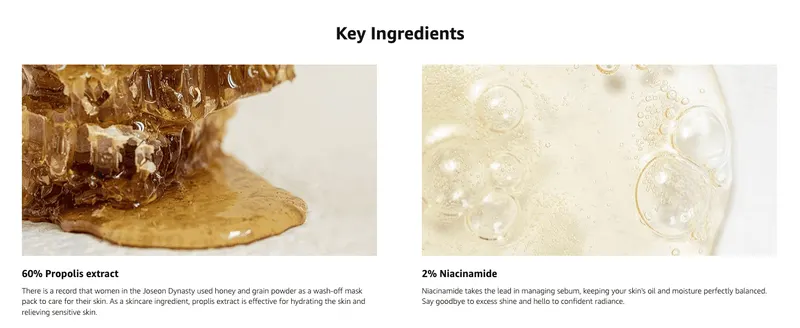 Highlights the two key active ingredients and their skincare benefits side by side to build ingredient-led trust.