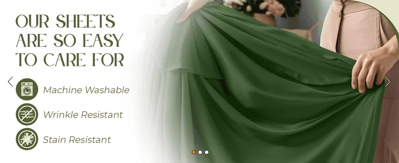 Reassures shoppers the sheets are low-maintenance by pairing care icons with a lifestyle photo of the fabric in hand.