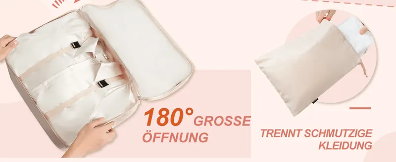 Shows two benefits, a wide-opening cube and a separate bag for dirty clothes, to make packing and unpacking easier.