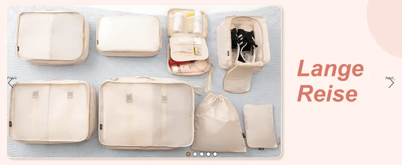 Lays out every piece in the set so shoppers see what they get and that it covers a long trip. Ties the full set to one use, a long trip, so shoppers see it as…