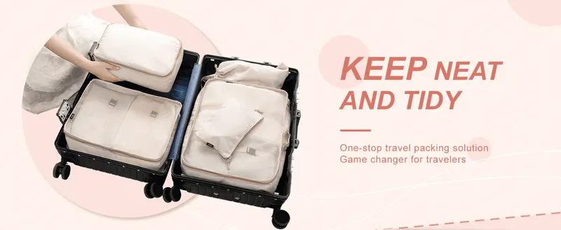 Shows the cubes in use packing a suitcase to reassure shoppers the product keeps luggage neat and organized.