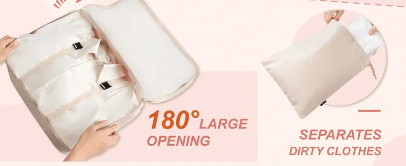 Highlights two distinct benefits - easy full access via the wide opening and a dedicated pouch to keep dirty clothes separate.