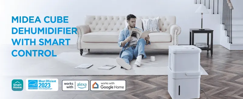 Shows the dehumidifier in a real living room with a headline highlighting smart, connected control. Confirms the product works with Alexa and Google Home and…