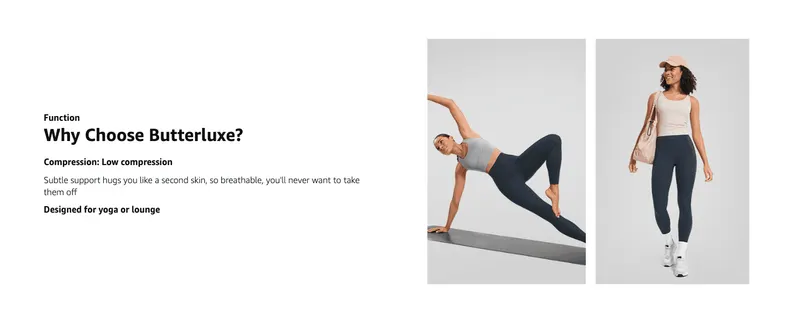 Explains the low-compression, second-skin fit to help shoppers understand the garment's comfort level for yoga or lounging.