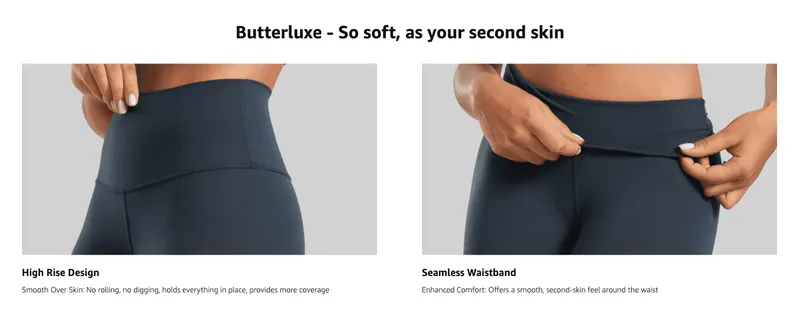 Highlights two distinct waistband design benefits side by side to reassure shoppers about fit and comfort.