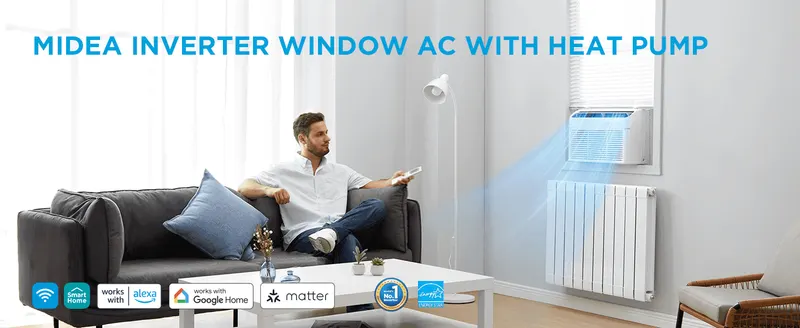 Presents the AC as a comfortable all-season unit that works with smart home platforms. Shows the Alexa, Google Home and Matter compatibility badges so…