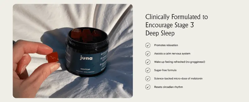 Lists six distinct sleep-related benefits as a scannable checklist to reassure shoppers of the product's efficacy.