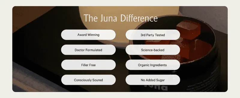Reassures shoppers with a scannable grid of trust and quality claims (award-winning, doctor formulated, organic) to build confidence before purchase.