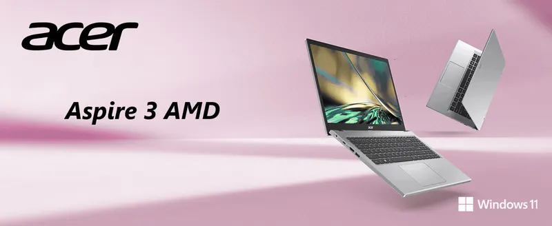 Introduces the Aspire 3 AMD laptop with brand logo and product shots to establish identity before detailing features.