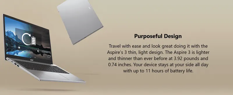 Highlights the laptop's slim, lightweight build and long battery life to reassure buyers it is easy to carry and use all day.