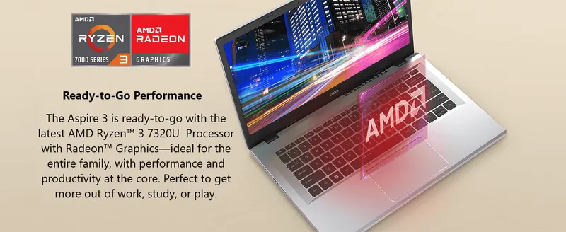Highlights the AMD Ryzen 3 processor and Radeon graphics to reassure buyers of solid everyday performance.