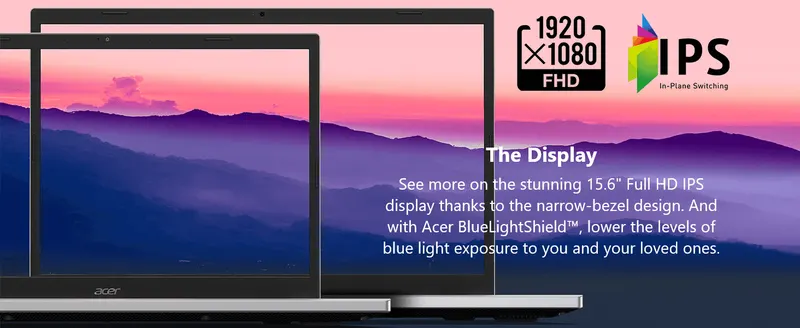 Highlights the 15.6-inch Full HD IPS display and blue light reduction to reassure buyers of a comfortable, high-quality viewing experience.