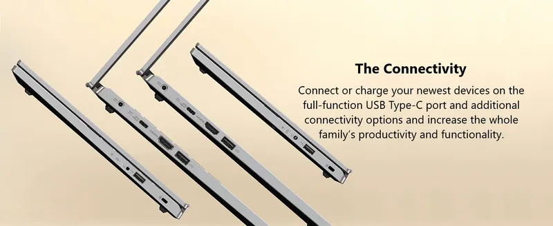 Highlights the laptop's full-function USB Type-C port and additional connectivity options to reassure shoppers about device compatibility.