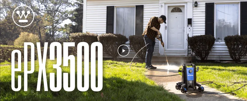 Introduces the ePX3500 pressure washer by name over a real yard-cleaning scene, so shoppers see it working and can trust the brand.