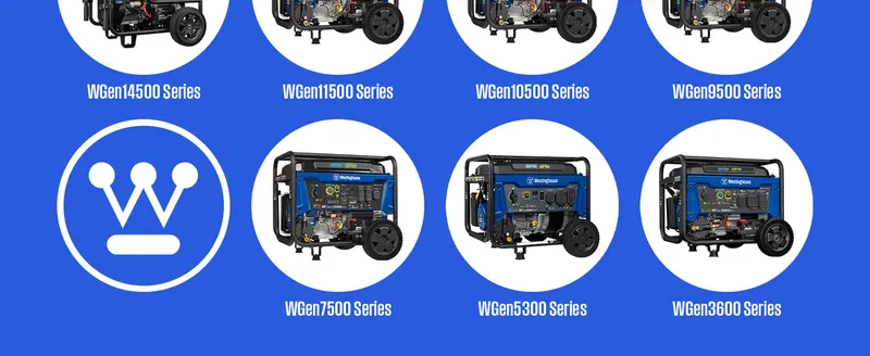 Continues the generator series lineup grid with brand logo to reinforce the range of wattage options available.