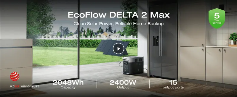 Leads with headline power stats and a 5-year service badge to signal capable, reliable home backup. Places the power station in a real kitchen with solar…