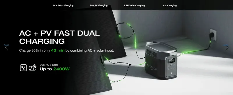Shows fast dual charging from AC and solar so shoppers trust it recharges quickly. Backs the charging claim with a 43-minute and 2400W figure.
