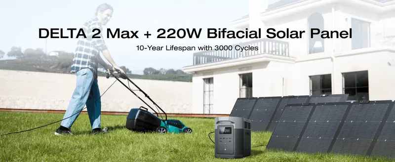 Introduces the DELTA 2 Max and solar panel bundle with a headline claim of a 10-year lifespan and 3000 charge cycles.